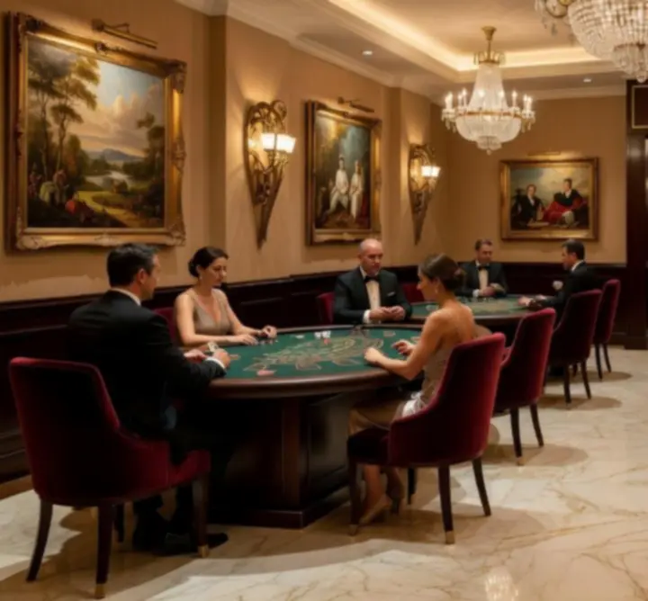 Elegáns kaszinó interiőr blackjack asztallal, prémium bútorokkal és hangulatos világítással
