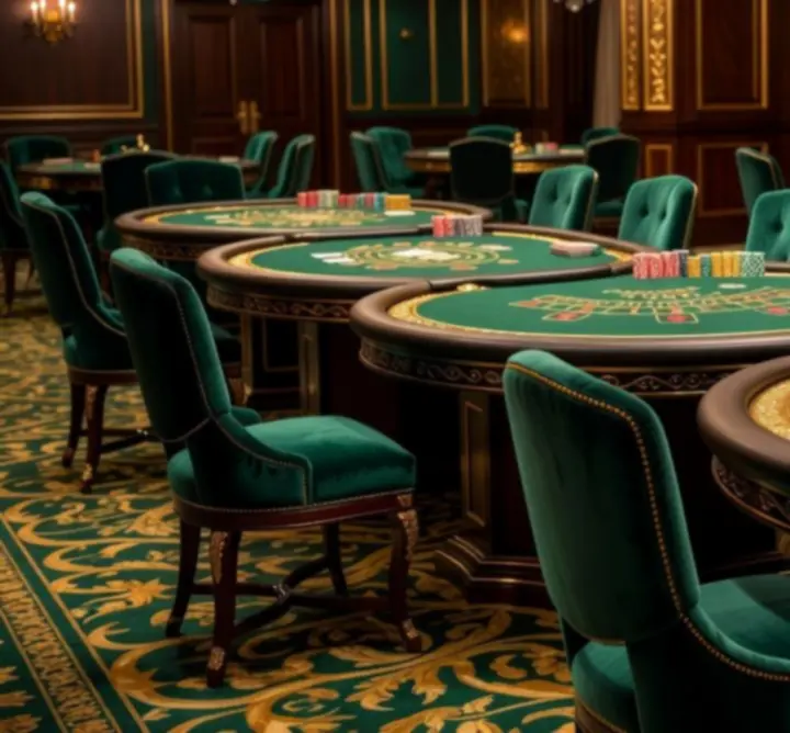 Prémium kaszinó asztalok elegáns bemutatóteremben, póker és blackjack asztalok fényűző környezetben